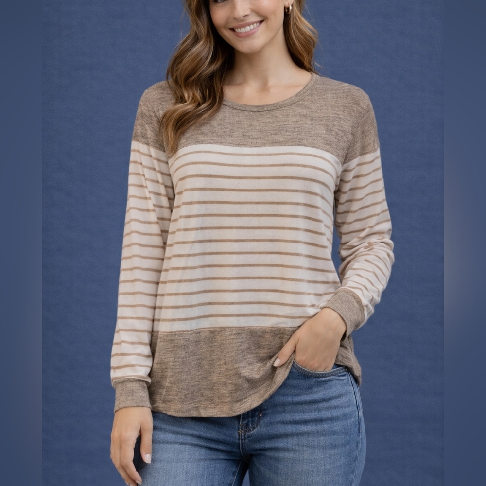 3/$30 VEMVAN Lightweight Knit Striped Color Block Long Sleeve Blouse